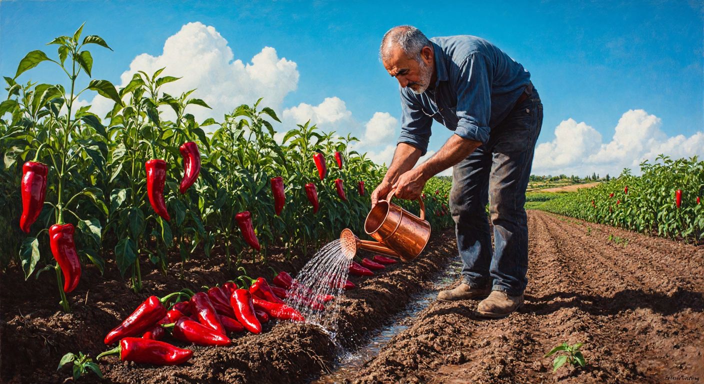 A Turkish farmer in a sunlit field gently watering vibrant red Kapya pepper plants with a copper watering can, the soil slightly damp and rich, surrounded by lush green foliage under a clear blue sky.