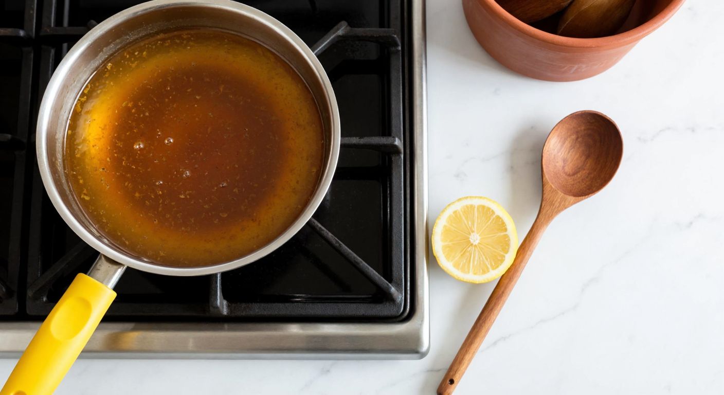 A warm Turkish kitchen with a bubbling pot of golden syrup on a stove, a wooden spoon resting beside it, and a freshly squeezed lemon half on a marble countertop.