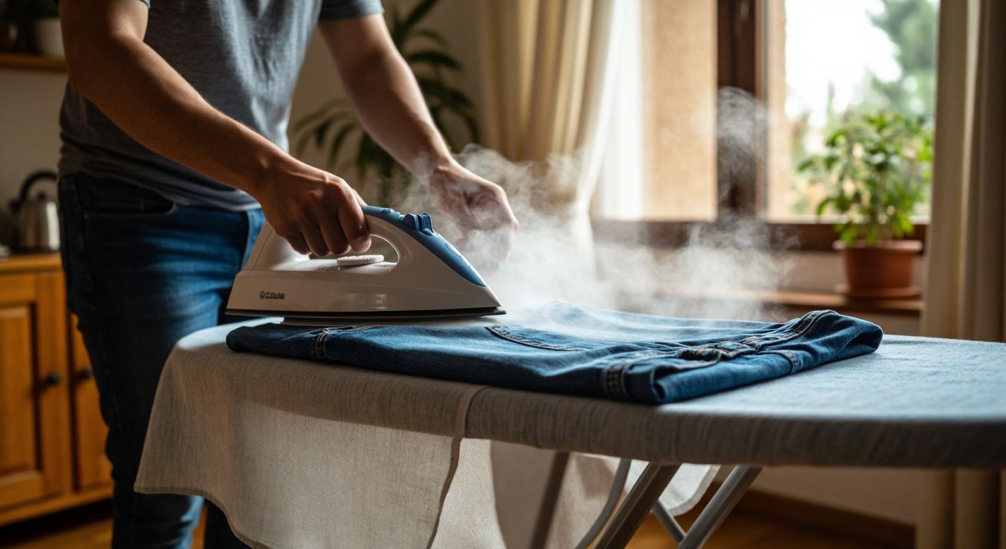 A person in a Turkish home carefully ironing a pair of blue jeans inside-out on an ironing board, with a protective cloth between the iron and fabric, steam rising gently.