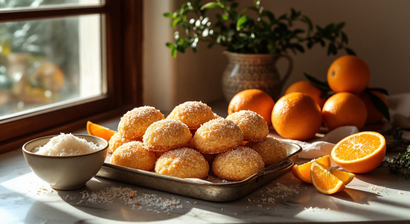 A warm, golden tray of orange-scented coconut-dusted cookies fresh from the oven, with a bowl of shredded coconut and sliced oranges nearby on a sunlit Turkish kitchen counter.