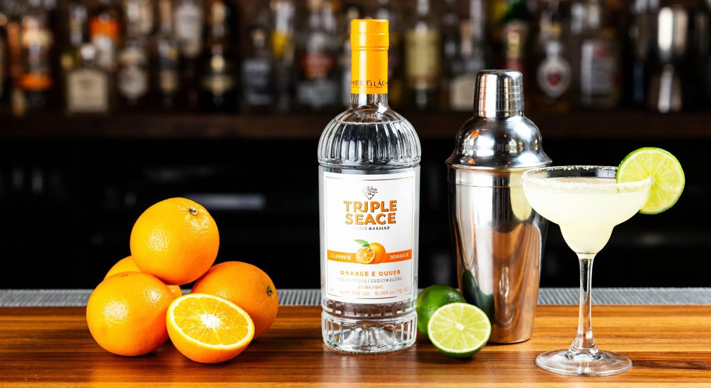 A clear glass bottle of orange-flavored triple sec liqueur sits on a wooden bar counter, surrounded by fresh oranges, a cocktail shaker, and a margarita garnished with a lime wedge.