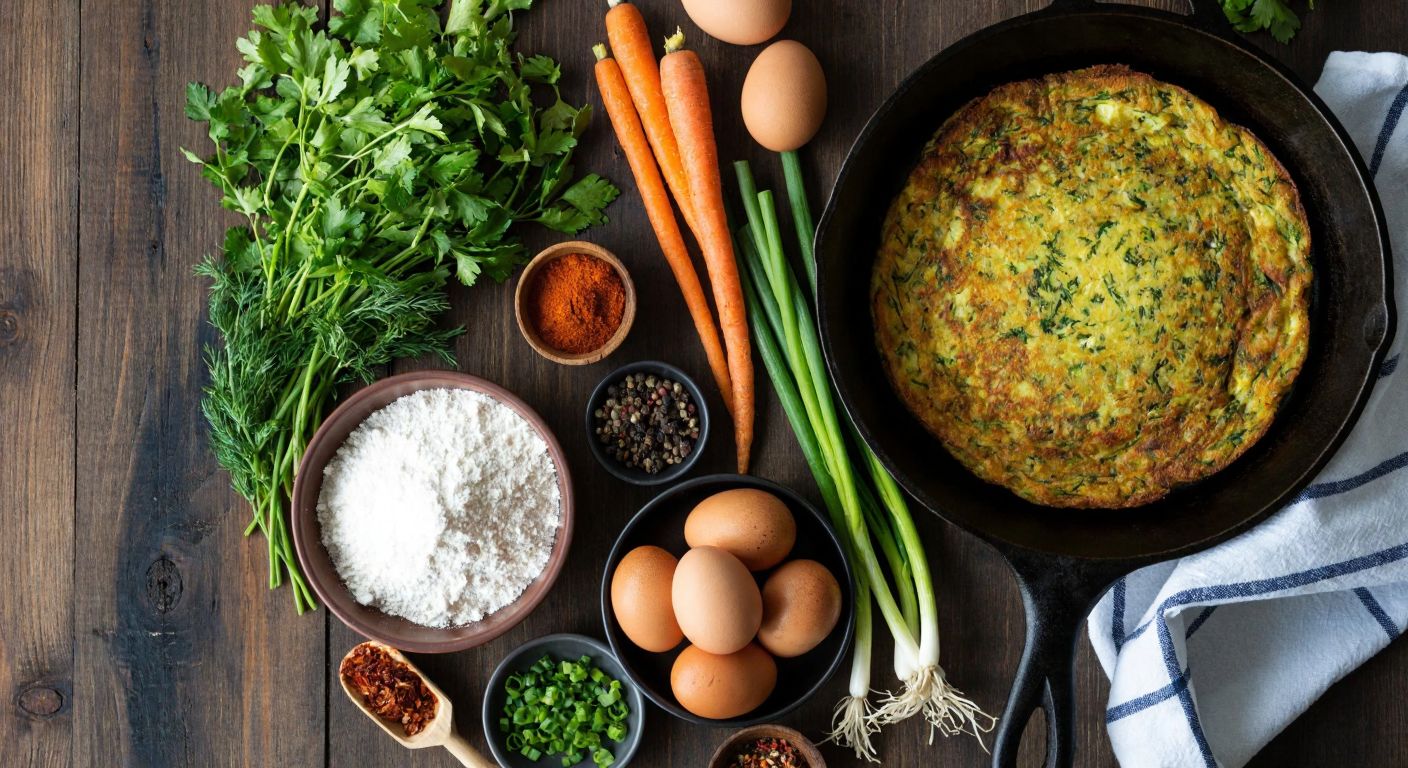 A rustic wooden table in a Turkish kitchen displays fresh ingredients for mücver—grated zucchini, carrots, chopped scallions, parsley, dill, eggs, flour, and spices—neatly arranged beside a sizzling golden-brown fritter in a cast-iron pan.