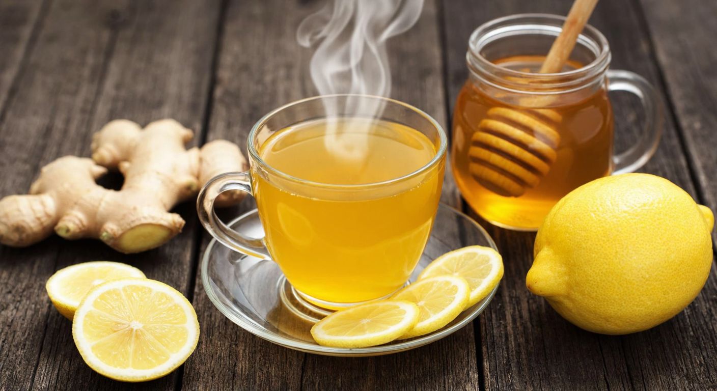 A warm, golden-hued turmeric tea steams in a traditional Turkish ceramic cup, surrounded by fresh ginger slices, a small jar of honey, and a bright yellow lemon on a rustic wooden table.