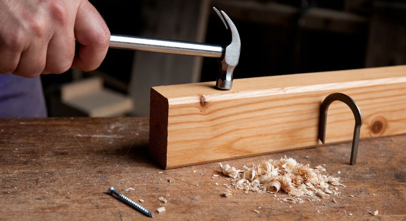 A close-up of a sturdy screw nail being hammered into a wooden beam by a calloused hand, with a half-finished curtain rod bracket nearby and wood shavings scattered on a rustic workshop floor.