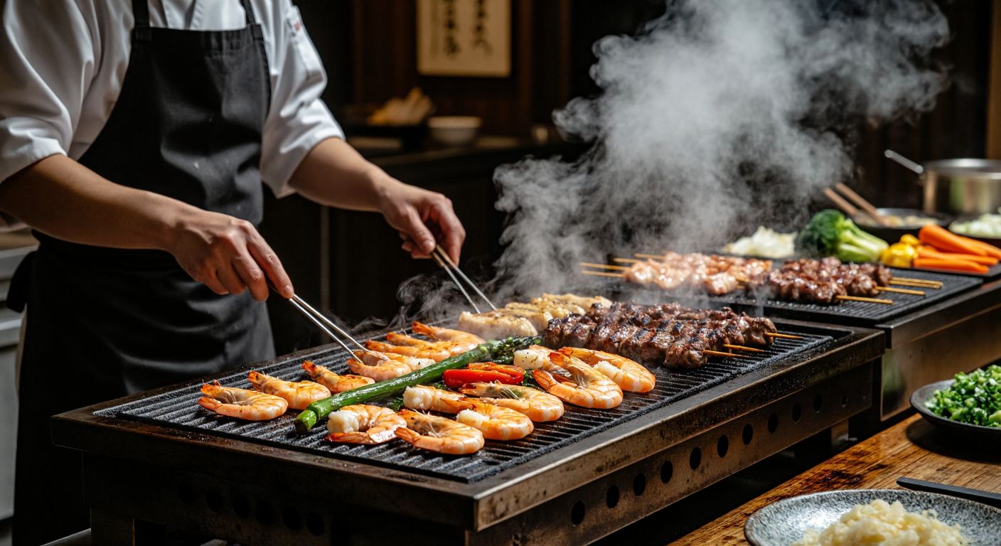 A Japanese chef in a traditional apron grills sizzling shrimp and vegetables on a flat iron teppan grill, while another chef nearby cooks skewered meat over a small charcoal hibachi grill, both surrounded by steam and aromatic smoke.