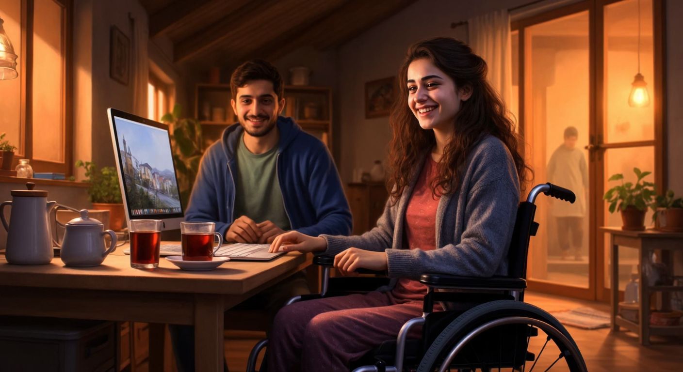 A smiling young Turkish woman in a wheelchair sits at a computer in a warmly lit room, confidently typing with a cup of Turkish tea beside her, while a supportive family member stands nearby.