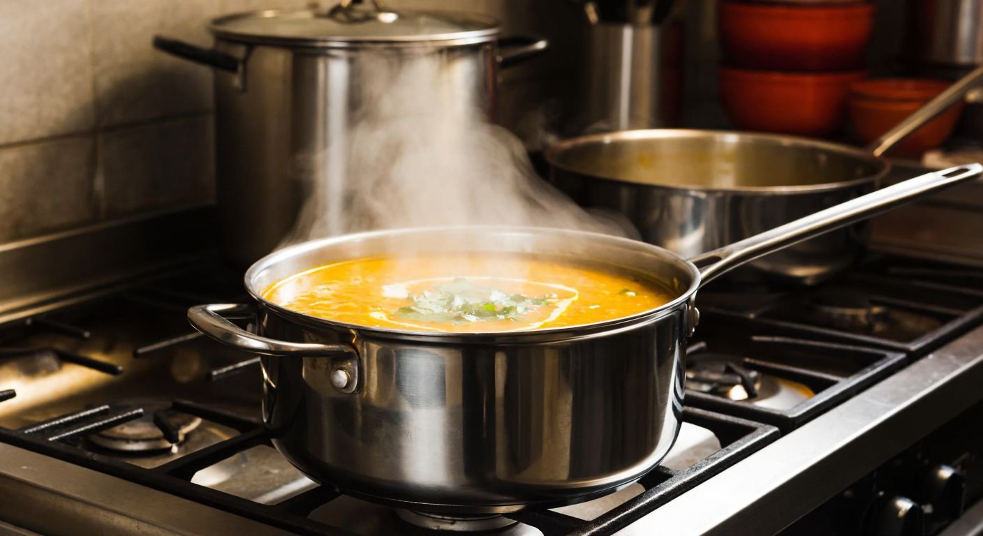 A gleaming stainless steel pot sits on a stove in a Turkish kitchen, steam rising from a simmering dish of lentil soup, reflecting the material's durability and safety for cooking.
