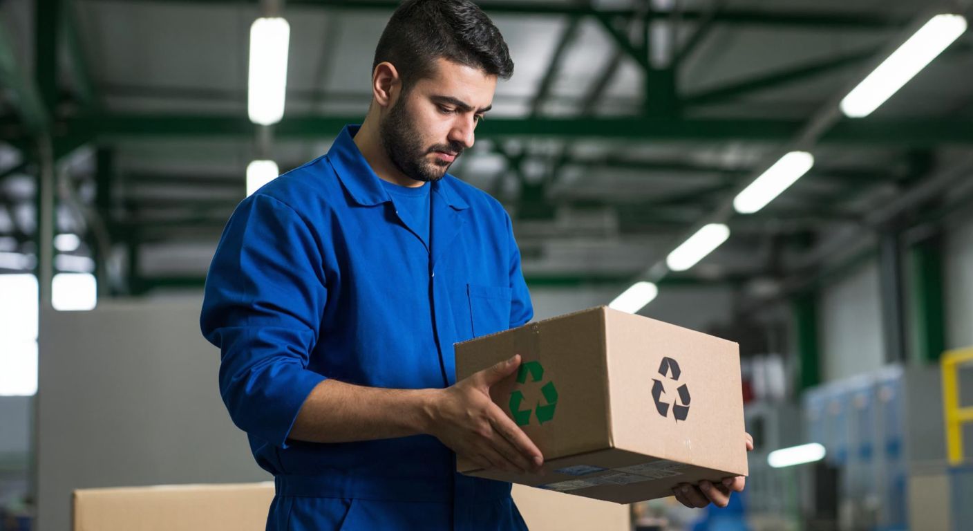 A Turkish factory worker in a blue uniform carefully examines a cardboard box with recycling symbols under bright industrial lights.