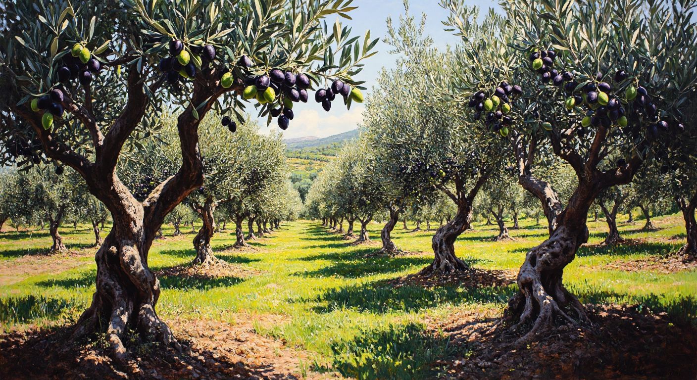 A sunlit olive grove in Turkey with robust, grafted olive trees bearing plump green and black fruits, their gnarled trunks and healthy leaves reflecting resilience and abundance.