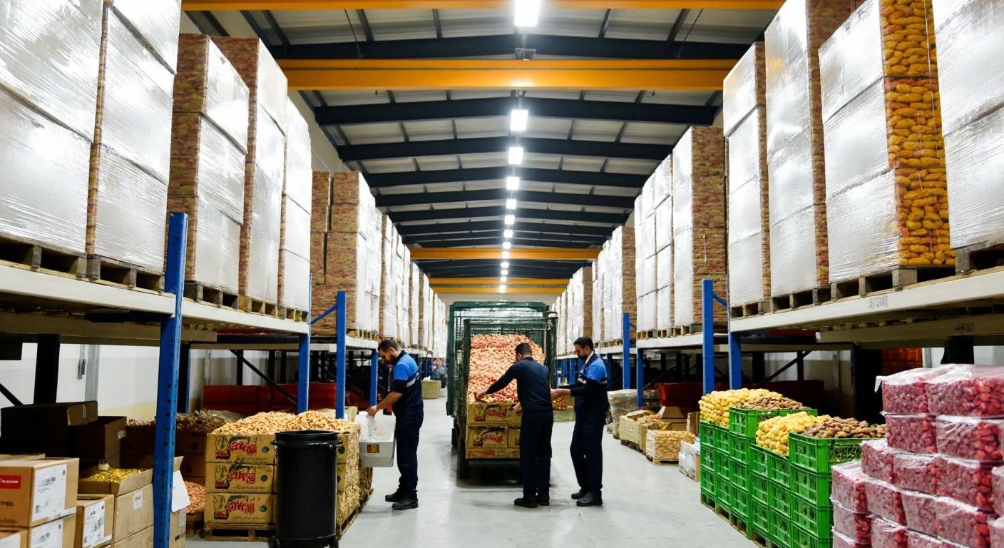 A bustling industrial food warehouse in Istanbul’s Sultanbeyli district, stacked with crates of Turkish sweets and bulk food supplies, with workers in uniforms loading trucks under bright fluorescent lights.