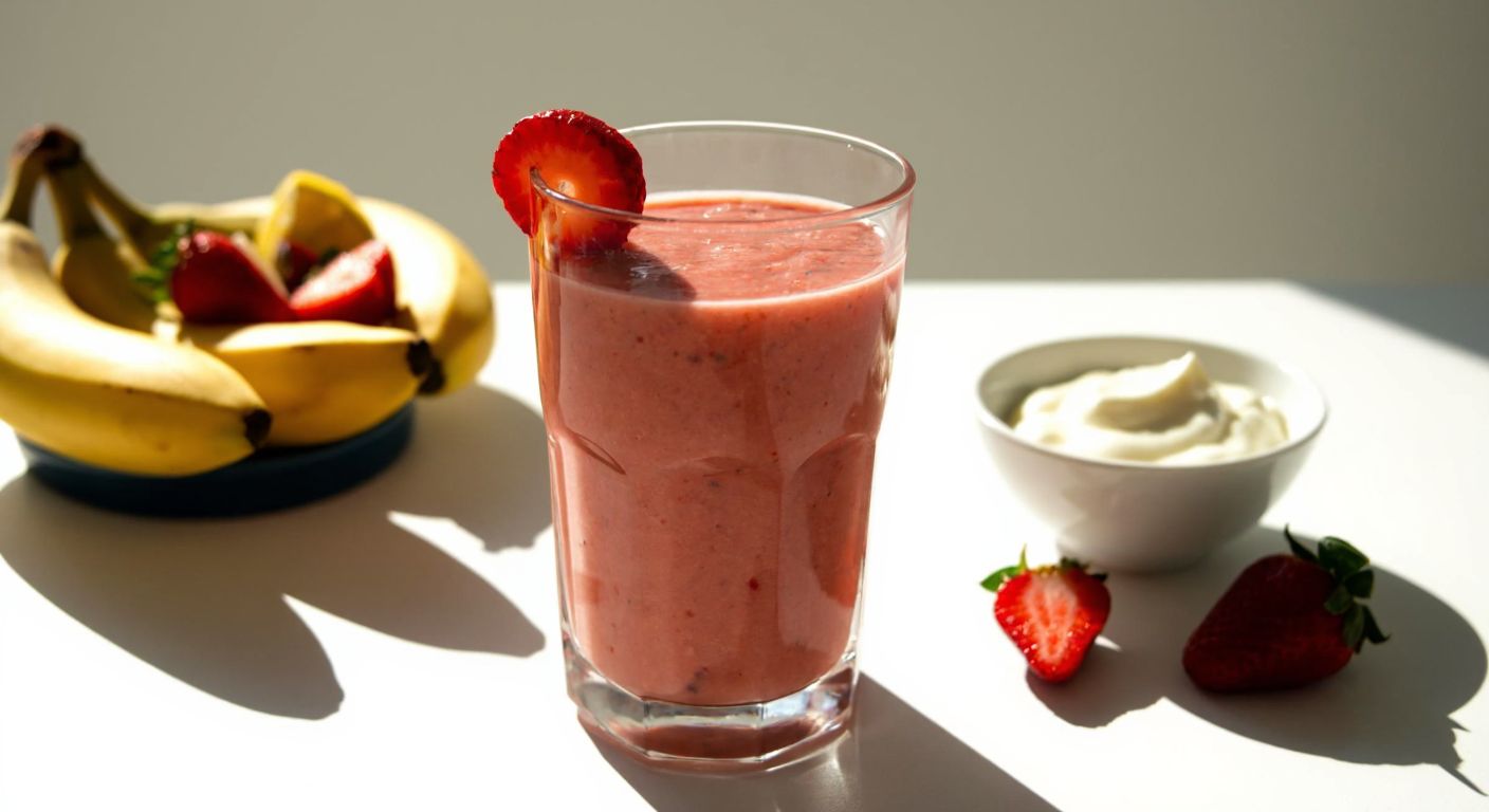 A vibrant glass of strawberry-banana smoothie with fresh fruit slices on the side, resting on a sunlit Turkish kitchen counter with a bowl of yogurt and honey nearby.