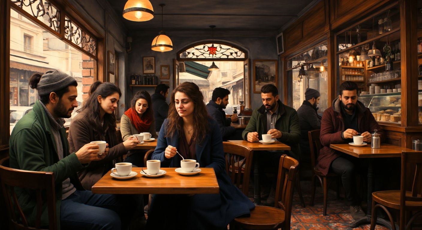 A group of people sitting in a cozy Turkish café, silently sipping steaming cups of coffee with relaxed expressions, waiting for the caffeine to take effect.