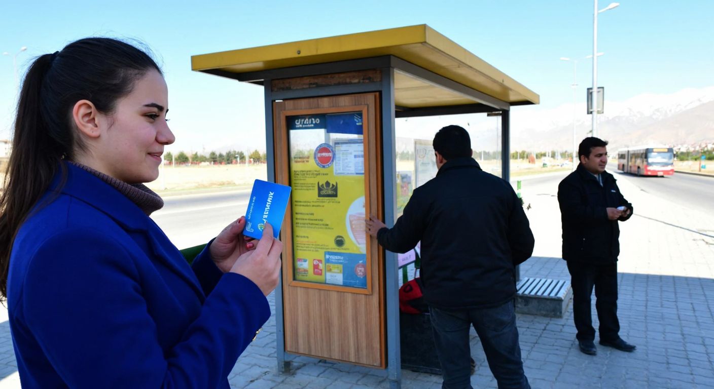 A young woman in Kahramanmaraş holds a blue Kahramankart while standing near a bus stop, with a small kiosk in the background where a vendor assists another customer with a card reload.