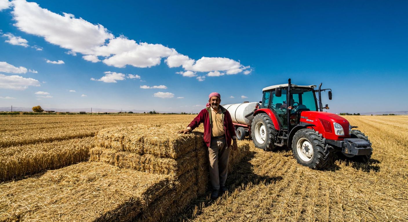 A vast golden wheat field under a bright blue sky in Konya, with a farmer in traditional Turkish clothing smiling proudly beside a tractor, surrounded by stacks of sugar beets and grain sacks.