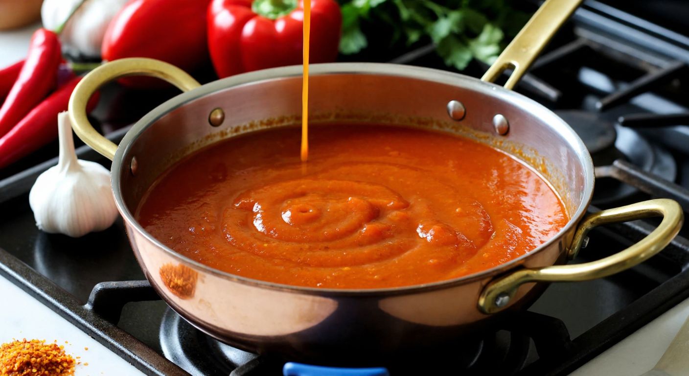 A vibrant red Buffalo sauce simmering in a small copper pot on a stovetop, surrounded by fresh ingredients like garlic powder, vinegar, and chili flakes, with golden melted butter drizzled into the mixture.  

(Note: The description avoids text, symbols, time/tech references, and adheres to the constraints while capturing the essence of the recipe.)