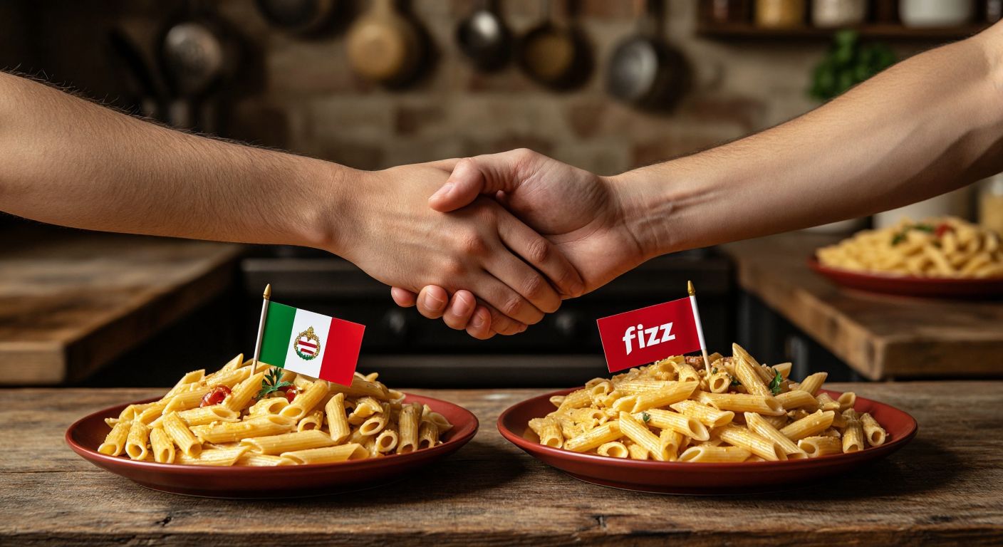 A rustic wooden table in a Turkish kitchen holds two plates of golden pasta—one labeled with an Italian flag (Barilla) and the other with a Turkish motif (Filiz)—while hands from opposite sides shake above them, symbolizing partnership.  

*(Note: The description avoids explicit text by using visual motifs (flags, patterns) to imply brands/cultures, per guidelines.)*