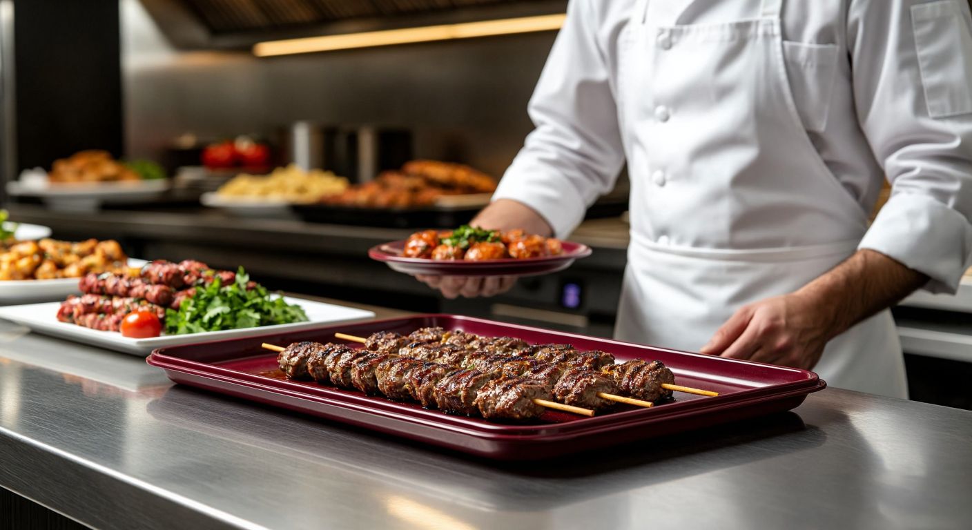 A sturdy rectangular burgundy tray with a textured, non-slip surface sits on a polished stainless steel counter in a bustling Turkish restaurant kitchen, holding steaming plates of kebabs and meze while a waiter in a crisp white apron confidently carries it toward a dining area.