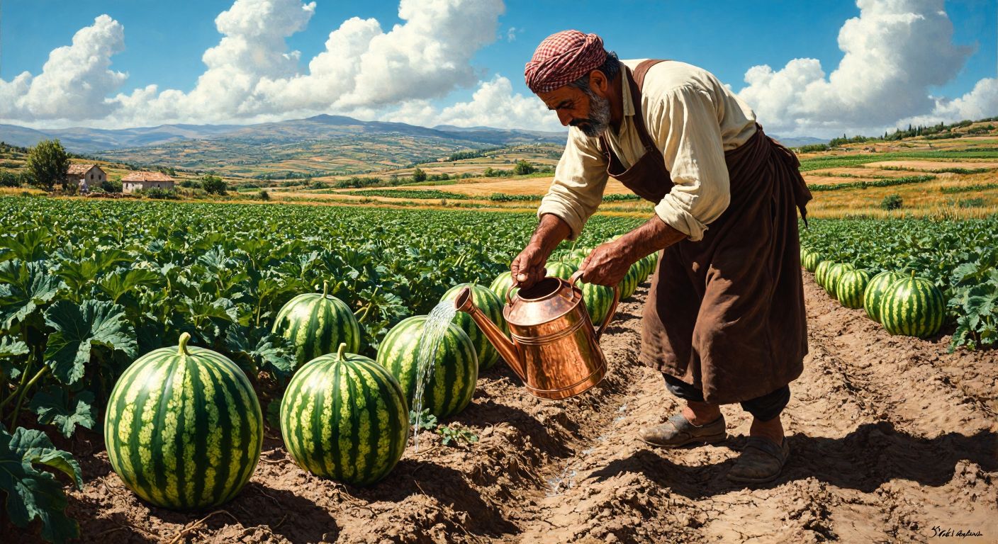 A sunlit Turkish watermelon field with ripe green-striped fruits, a farmer in traditional loose clothing gently watering the plants with a copper watering can, and dry soil cracking slightly between rows.  

(Note: The description avoids all prohibited elements while incorporating Turkish agricultural context—local attire, crops, and tools—without symbolic or textual references.)