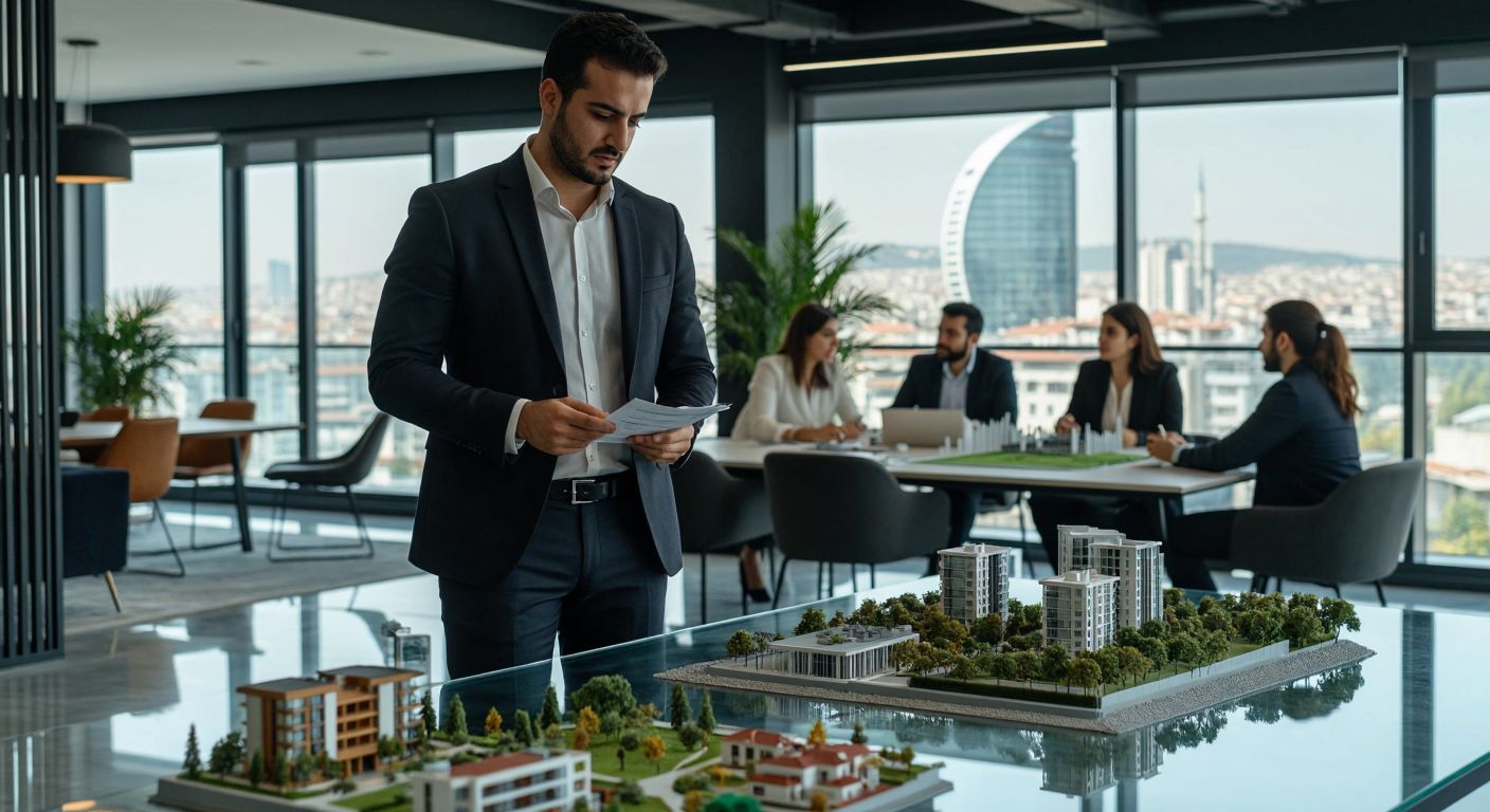 A confident Turkish businessman in a sleek suit stands in a modern Istanbul office, reviewing financial charts while a team discusses strategies around a glass table with miniature models of vehicles and real estate projects.