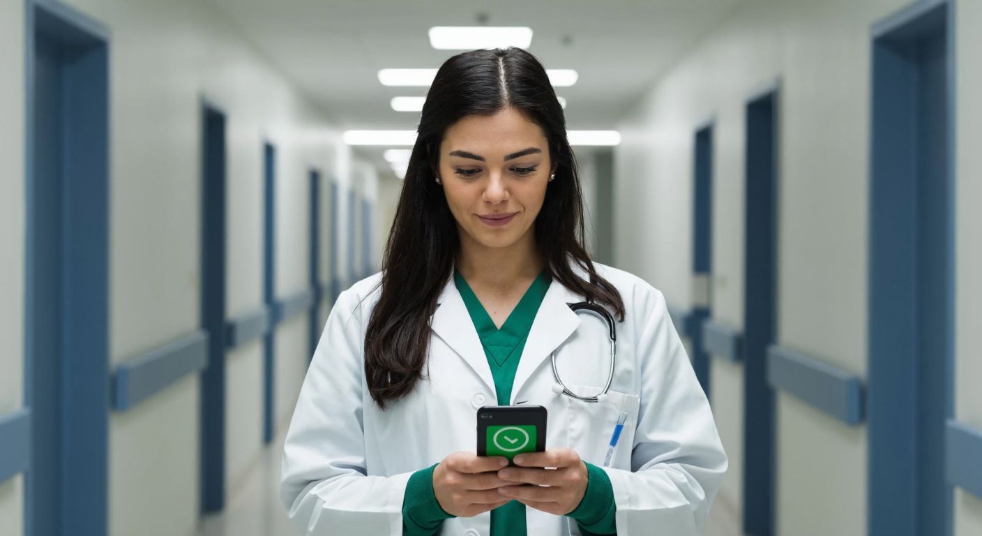 A focused Turkish woman in a white doctor's coat stands in a bright hospital corridor, holding a smartphone with a relieved expression as a green checkmark notification appears on the screen.