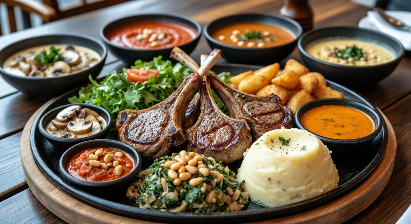 A sizzling plate of golden-brown lamb chops surrounded by small bowls of creamy mushroom pasta, red pepper soup, a vibrant green salad with pine nuts, and a fluffy mound of mashed potatoes, all set on a rustic wooden table in a cozy Turkish kitchen.