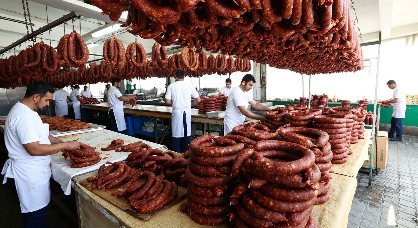 A bustling sucuk factory in Afyonkarahisar, with workers in white aprons preparing spicy sausages, stacks of cured meats drying in the sunlight, and the aroma of garlic and paprika filling the air.