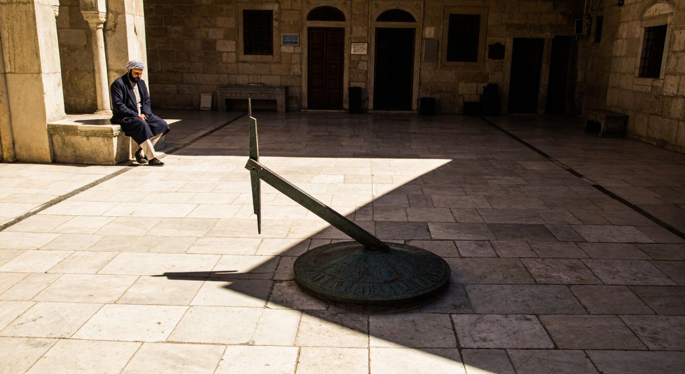 A weathered sundial stands in a sunlit Turkish courtyard, its shadow stretching across aged stone tiles, while a person in traditional attire gazes thoughtfully at it.