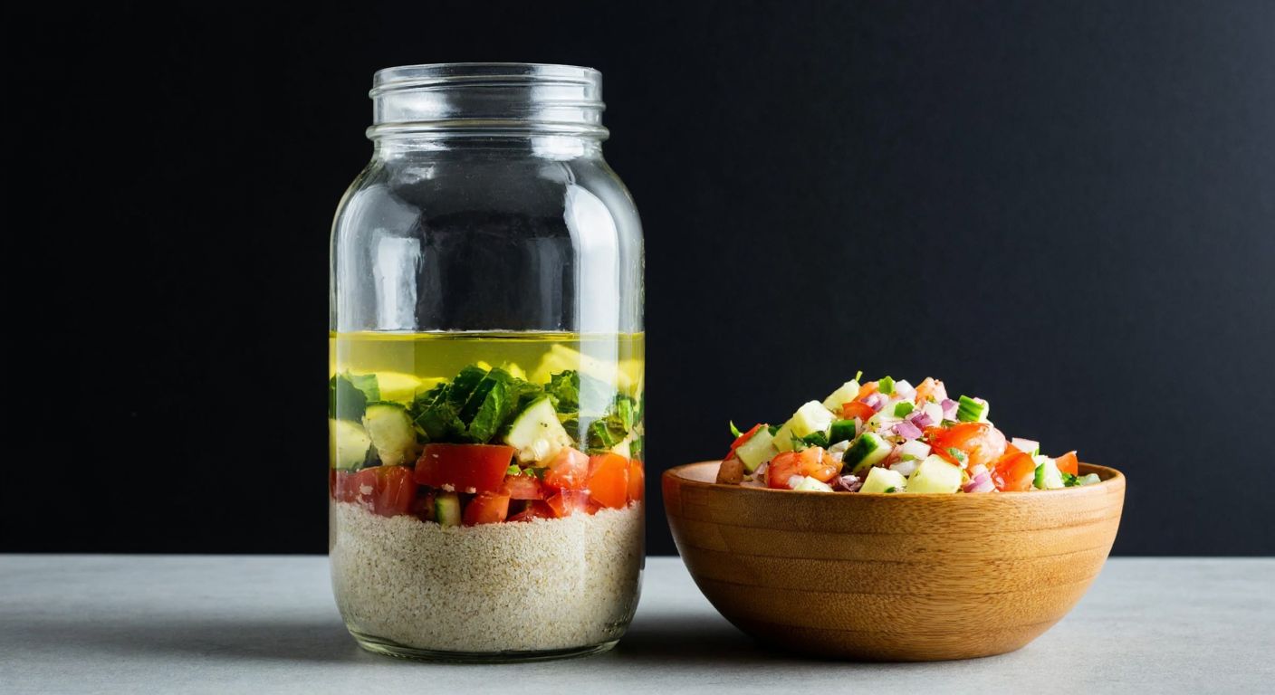 A clear glass jar filled with water and sand, showing distinct layers of unmixed particles, next to a wooden bowl of colorful chopped vegetable salad drizzled with olive oil.