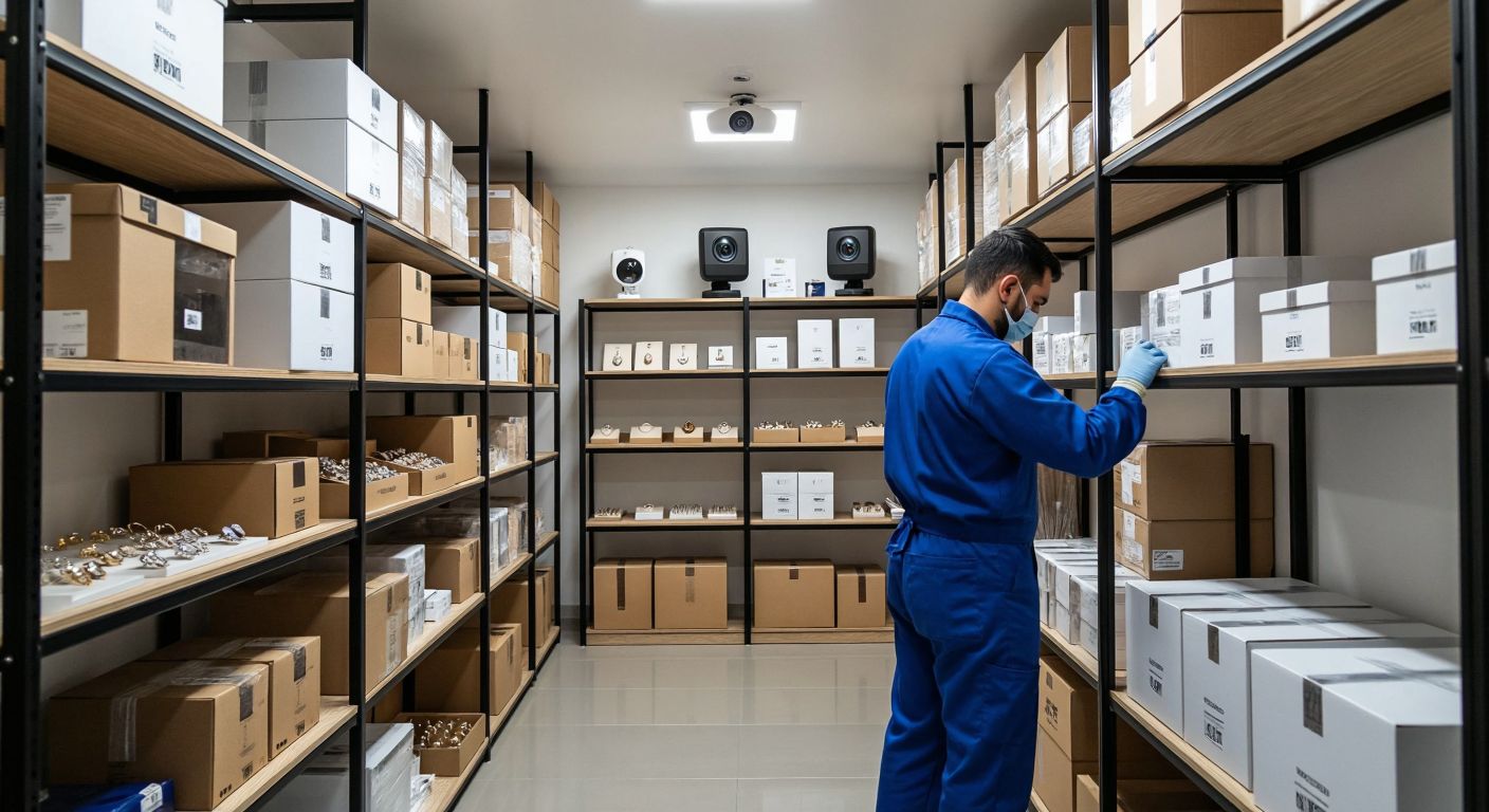 A well-lit, climate-controlled Turkish storage room with neatly stacked labeled boxes, security cameras mounted on clean white walls, and a worker in a blue uniform carefully organizing jewelry on elevated shelves.