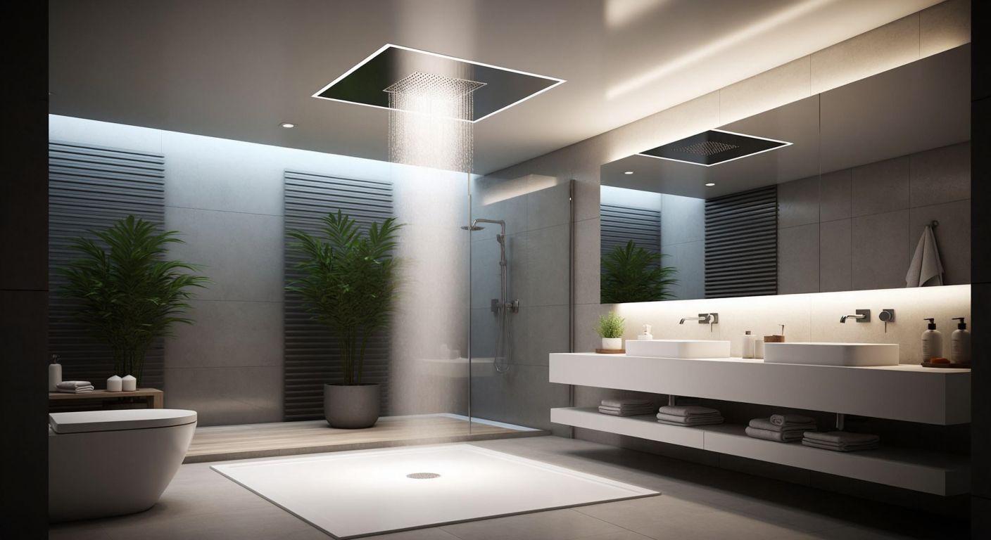 A modern bathroom with a sleek PVC or aluminum suspended ceiling, where steam rises from a warm shower but condenses minimally on the smooth, moisture-resistant surface.