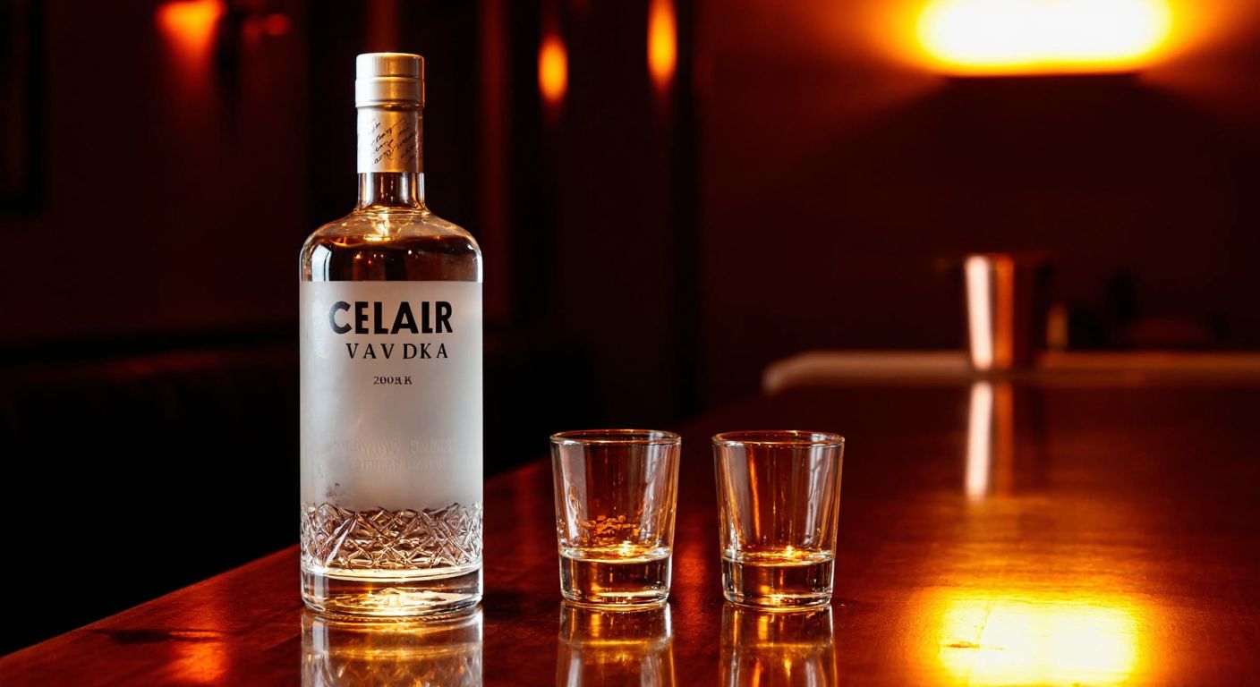 A sleek glass bottle of clear vodka rests on a polished wooden table in a dimly lit bar, with two frosty shot glasses beside it, reflecting warm amber light.