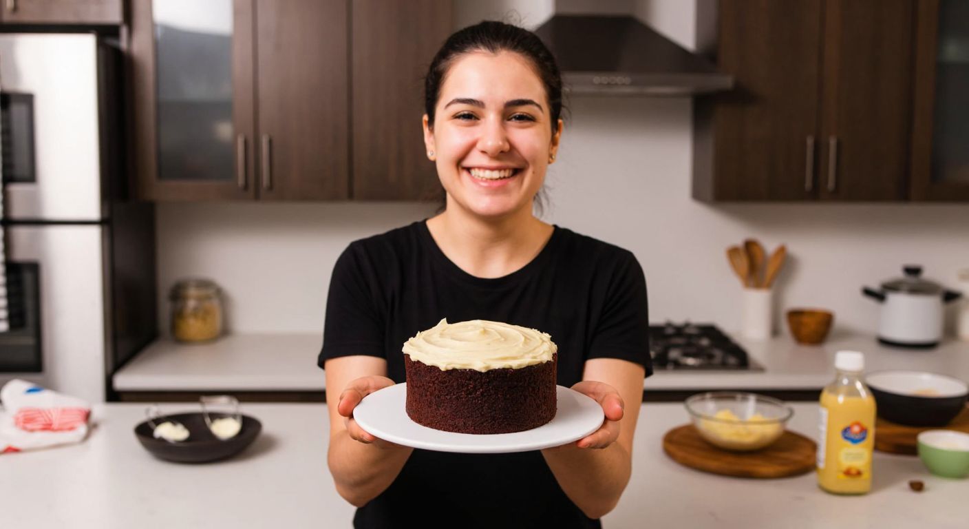 A smiling person in a Turkish kitchen holds a small chocolate cake covered in creamy frosting, surrounded by baking ingredients and a single plate.