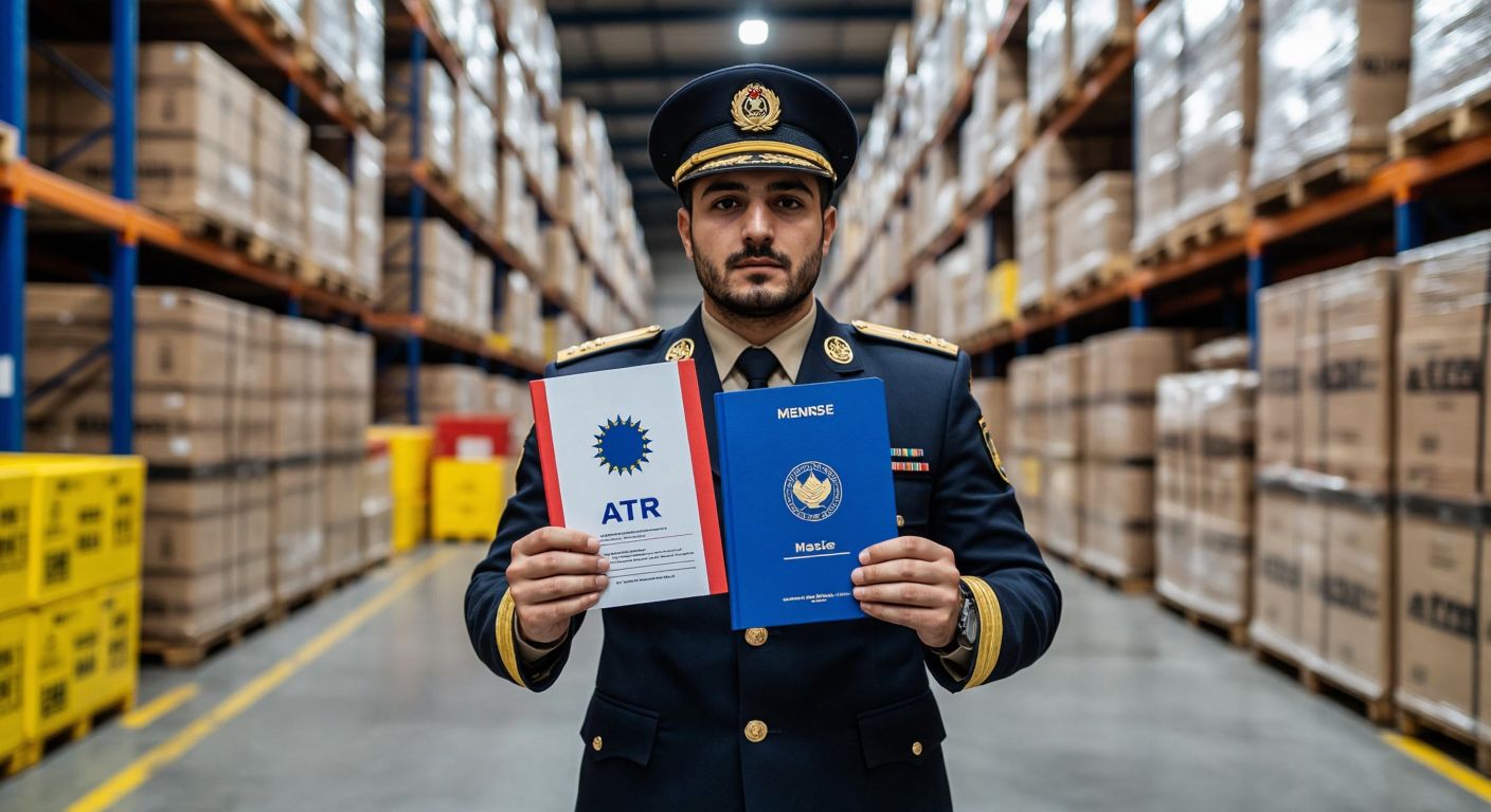 A Turkish customs officer in a formal uniform holds two distinct documents—one labeled "ATR" with an EU flag motif and another labeled "Menşe" with a Turkish seal—while standing in a bustling port warehouse filled with export crates.