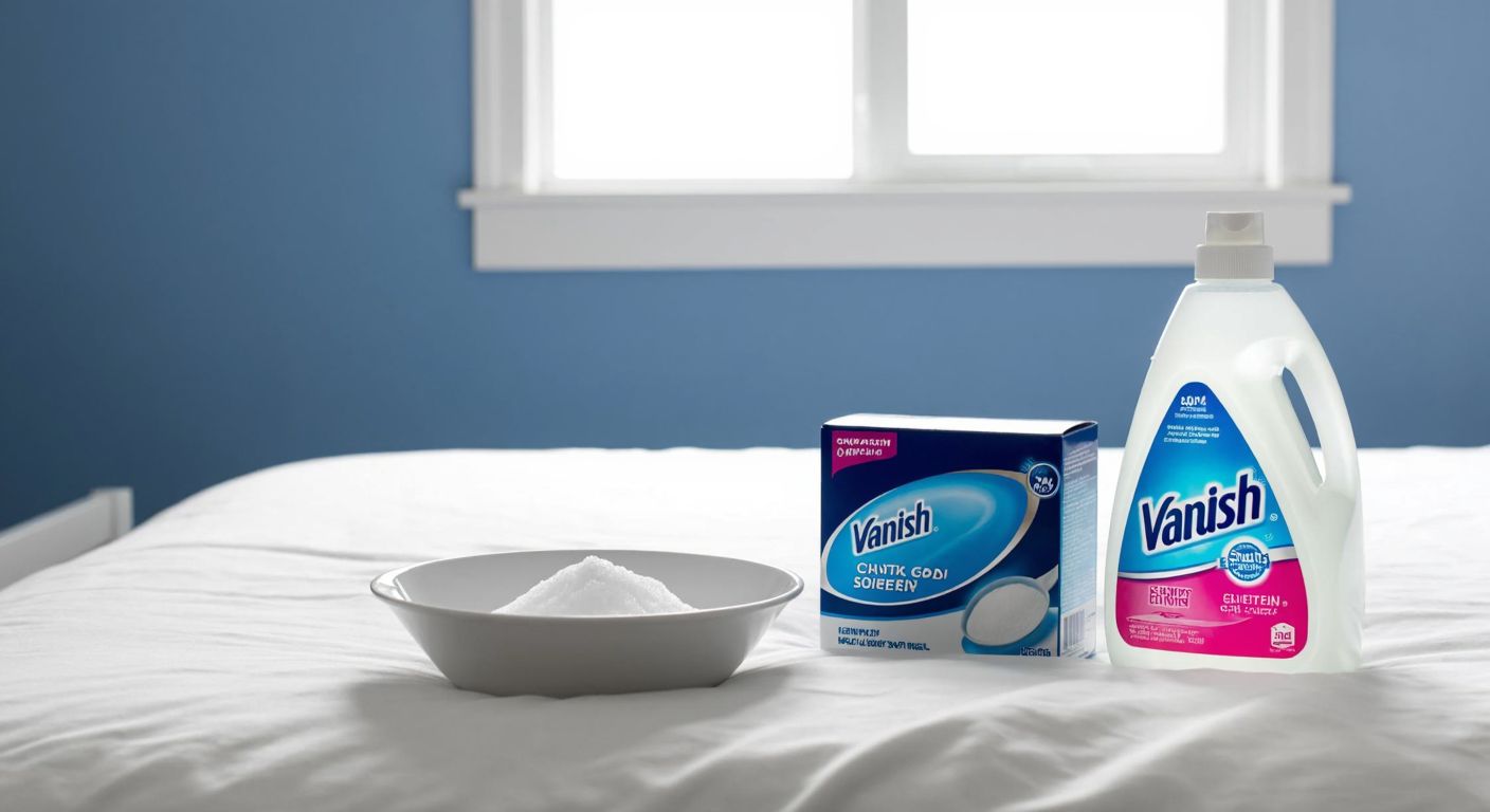 A neatly made bed with a small bowl of white vinegar, a box of baking soda, and a bottle of Vanish detergent placed beside it, while sunlight streams through a window onto fresh, clean sheets.