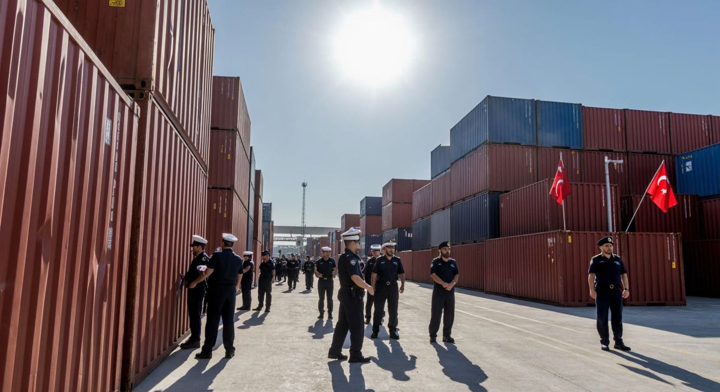 A bustling customs warehouse in Gebze with uniformed officers inspecting stacks of shipping containers under a bright sun, set against a backdrop of industrial buildings and Turkish flags.