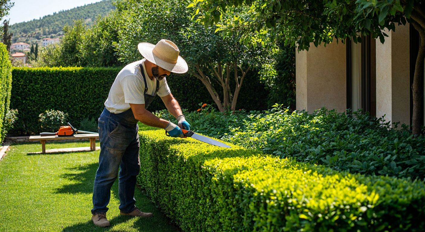A sunlit Turkish garden with a gardener in a wide-brimmed hat carefully trimming a lush green hedge using a sharp pruning knife, while a manual hedge trimmer and pruning shears rest on a wooden bench nearby.