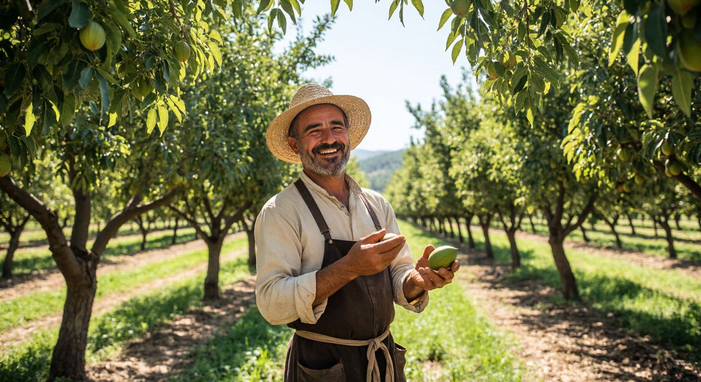 A sunlit orchard in Turkey's Aegean region, with rows of pecan trees heavy with nuts, a farmer in traditional clothing smiling as they inspect a ripe pecan in their hand.