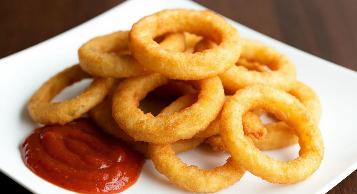 A golden-brown pile of crispy onion rings, arranged neatly on a white plate with a side of tangy red dipping sauce, evoking the warm, inviting atmosphere of a Turkish eatery.