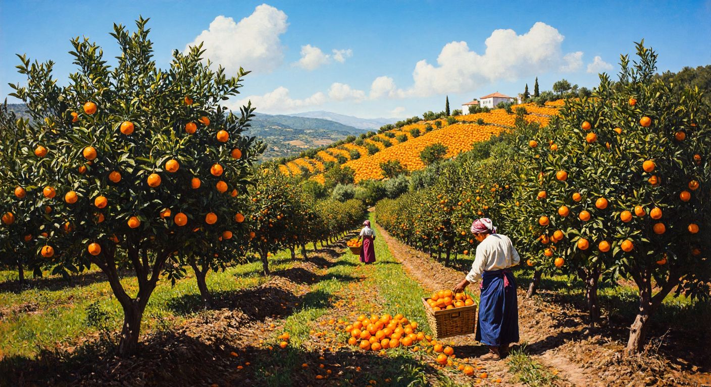 A sunlit grove of mandarin orange trees laden with bright orange fruits, stretching across rolling hills under a clear blue sky, with farmers in traditional Turkish clothing carefully harvesting the ripe citrus in the fertile fields of Antalya.