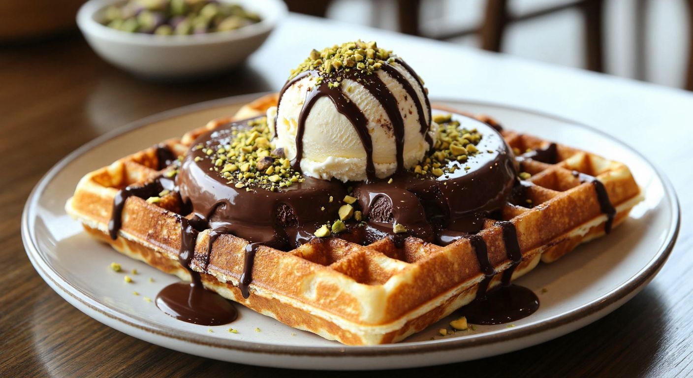 A warm Turkish kitchen with golden-brown waffles fresh off the iron, layered with thick slices of Maraş ice cream, drizzled with melted chocolate and sprinkled with crushed pistachios, evoking a sweet, indulgent delight.