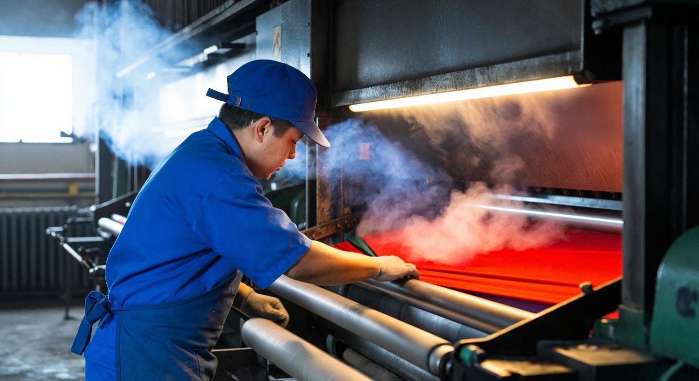 A textile factory worker in a blue uniform carefully feeds vibrant fabric through a steaming industrial machine, with warm light reflecting off the metal surfaces and condensation rising in the background.