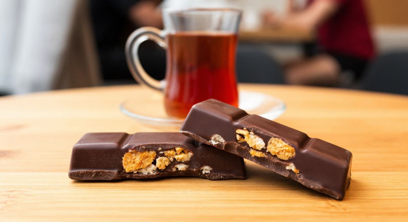A small, unwrapped chocolate bar with visible orange zest and crispy rice pieces, resting on a wooden table in a Turkish café with a glass of çay in the background.