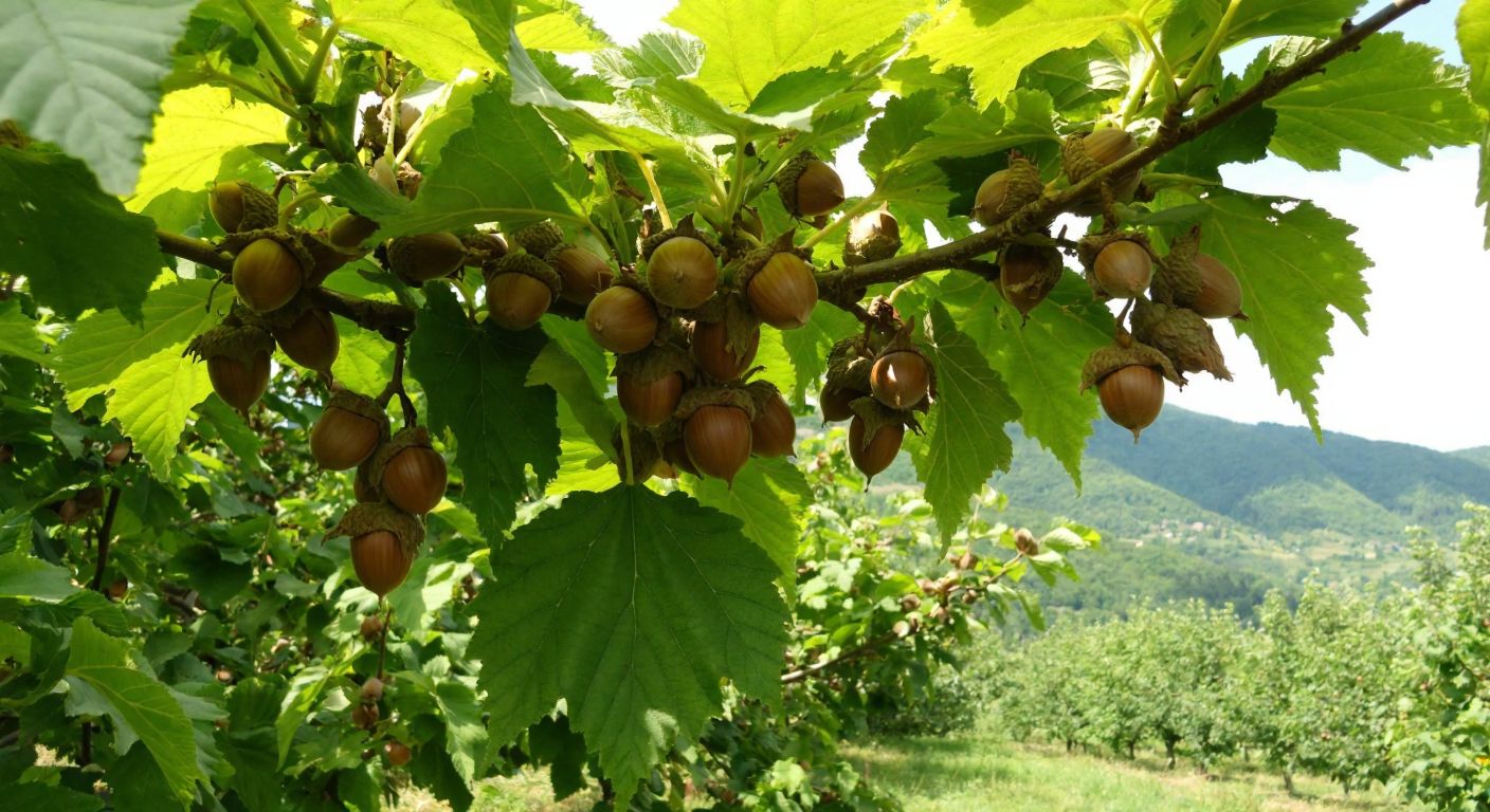 A lush green hazelnut orchard in Ordu, with clusters of ripe Palaz hazelnuts hanging from branches under a warm sun, surrounded by rolling hills.
