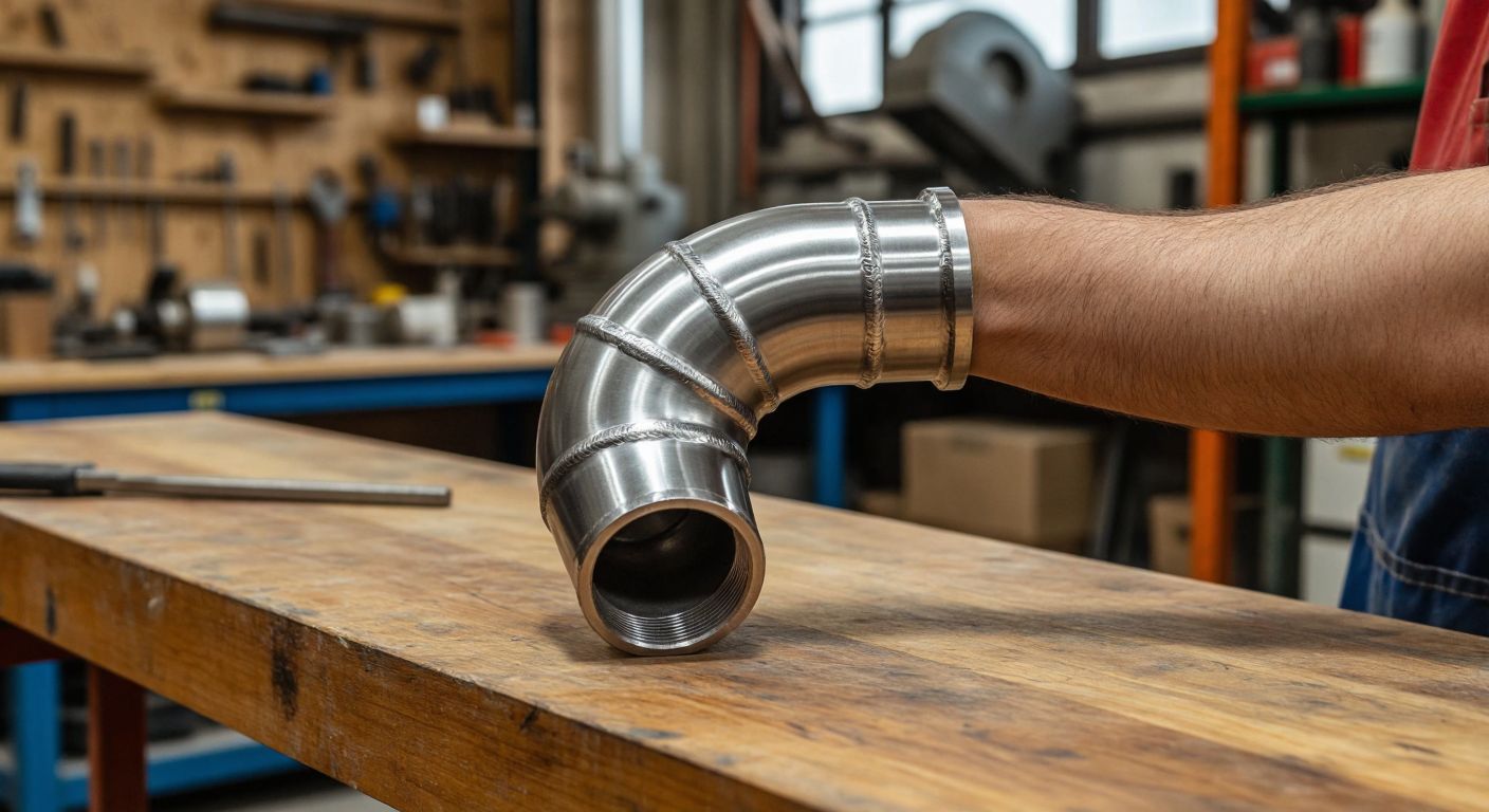 A sturdy stainless steel pipe elbow resting on a wooden workbench next to a human arm bent at the elbow, showcasing both the plumbing component and the anatomical joint in a well-lit Turkish workshop.