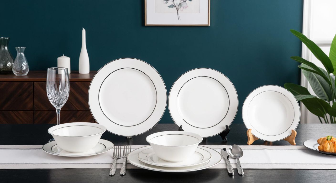 A neatly arranged dining table in a Turkish home setting, featuring two elegant porcelain dinnerware sets—one with 27 pieces including deep plates and bowls, and another with 18 pieces adorned with delicate silver-gilded rims.