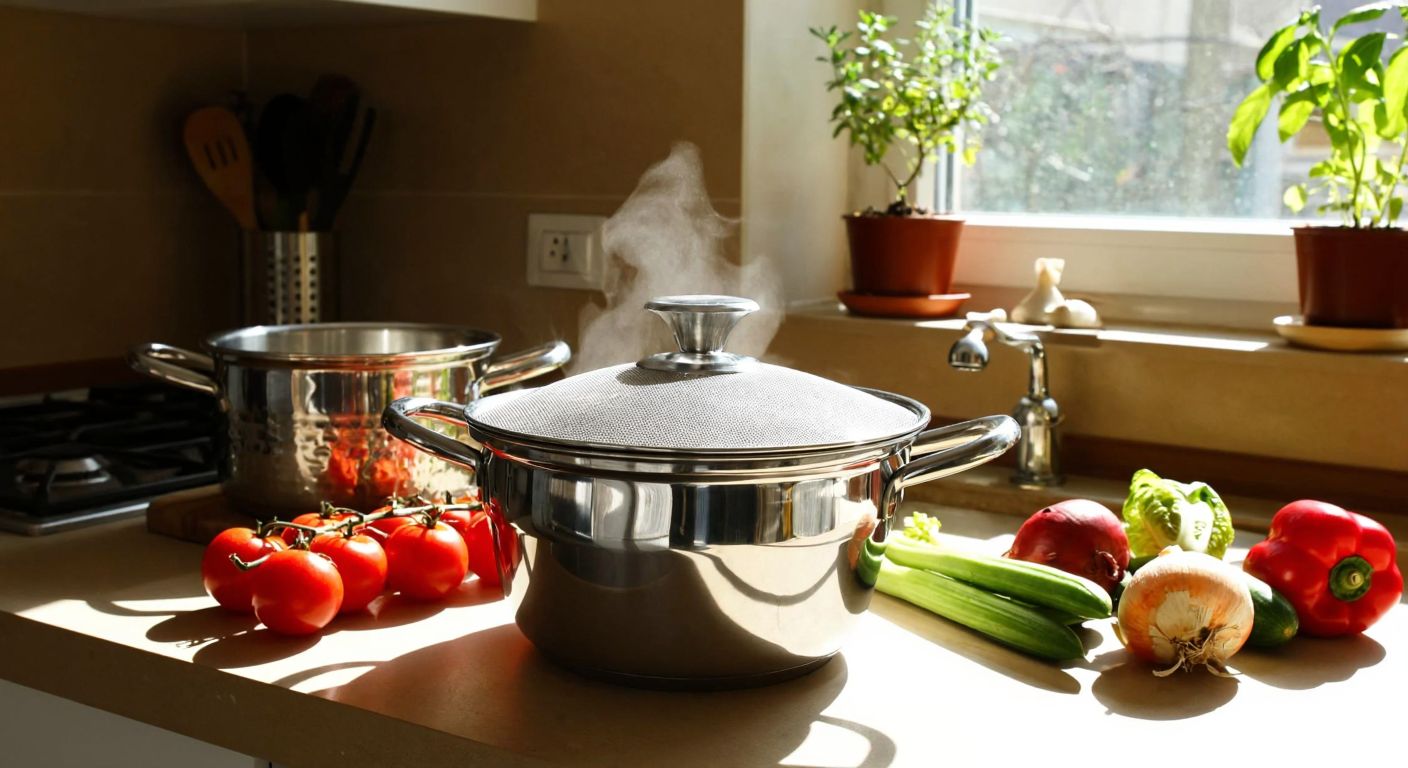 A sturdy stainless steel pasta strainer with a shiny metallic surface sits on a kitchen counter in a sunlit Turkish home, surrounded by fresh vegetables and a pot of boiling water.
