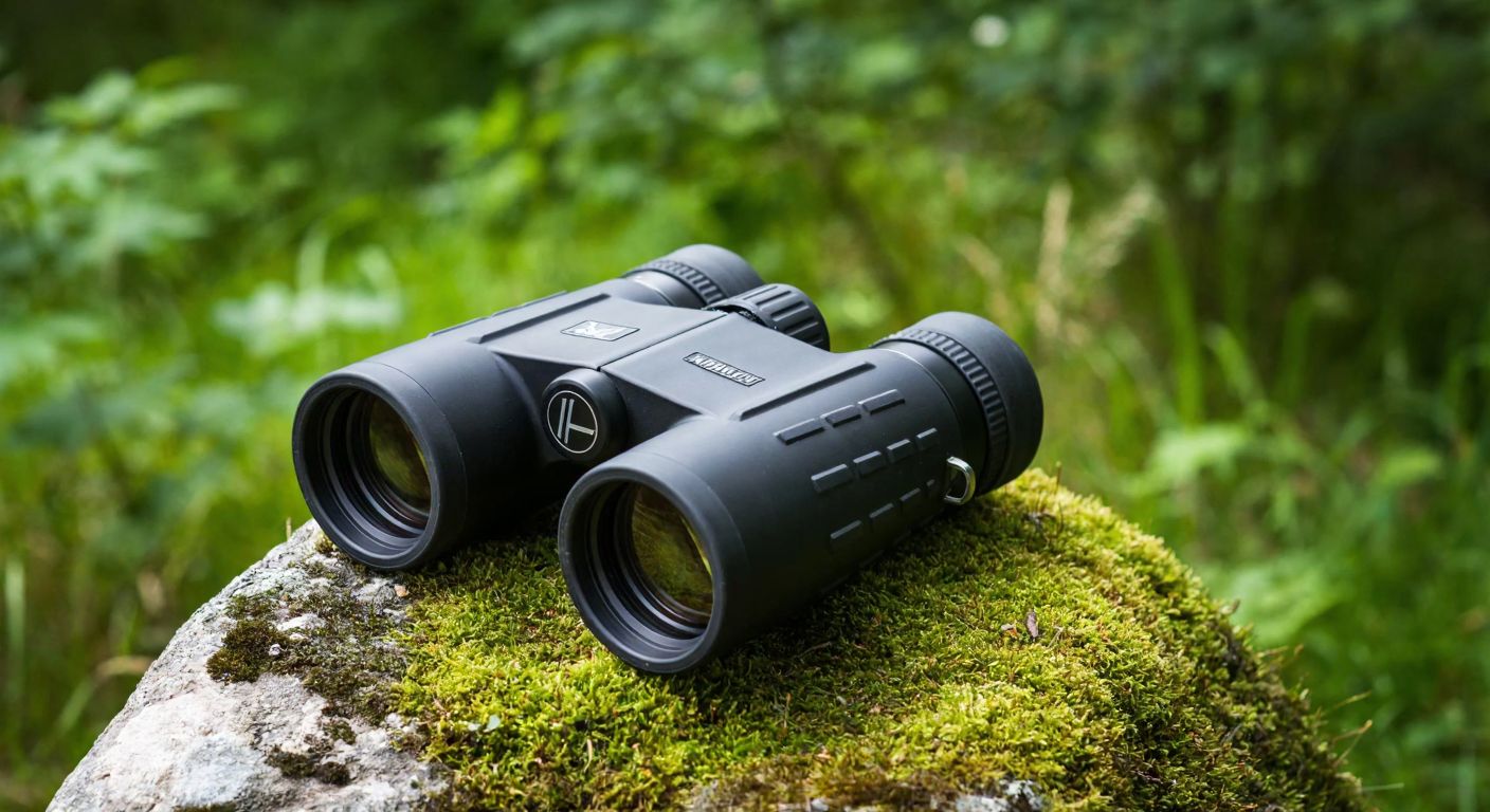 A rugged, waterproof black binocular with a steel body and ergonomic grip rests on a moss-covered rock in a lush green forest, reflecting durability and precision.