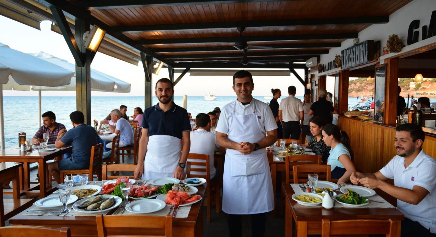 A cozy seaside fish restaurant in Turkey with wooden tables, fresh seafood on plates, and smiling waiters in white aprons, surrounded by customers enjoying their meals without any alcoholic beverages in sight.