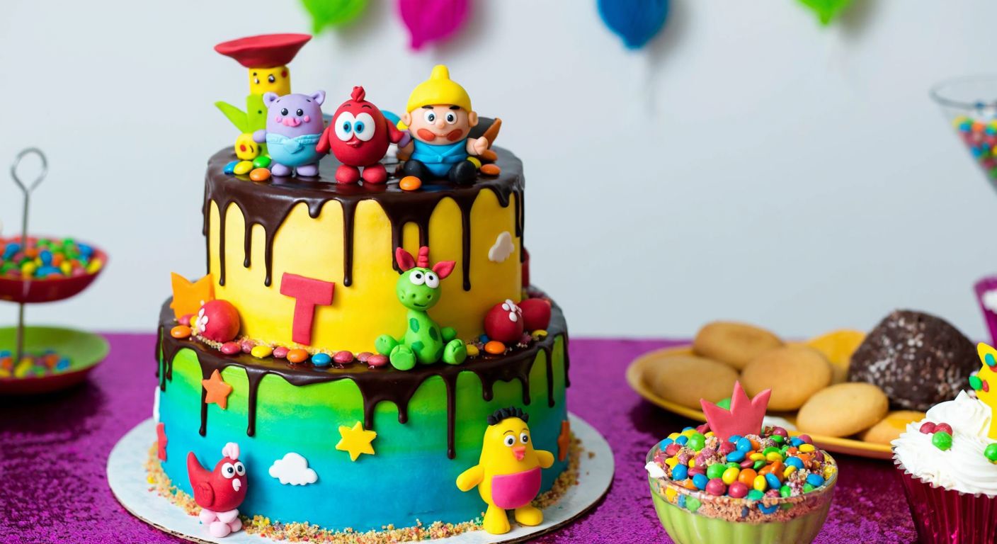 A colorful three-tiered birthday cake decorated with playful cartoon characters, toy figurines, and animal shapes made from fondant, topped with chocolate ganache and sprinkled with colorful candy drajes, sitting on a festive table in Turkey.