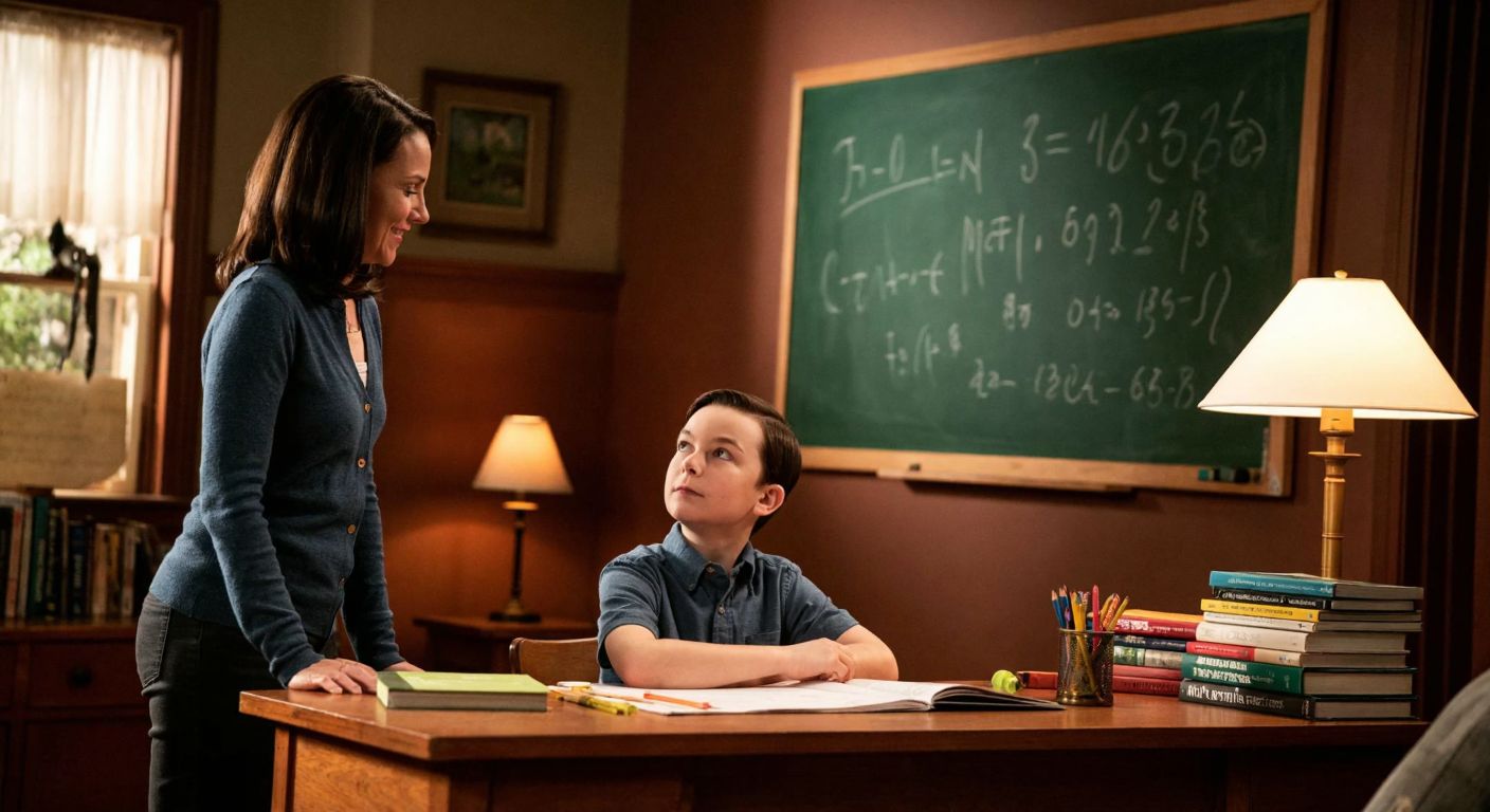 A young Sheldon Cooper sits at a wooden desk in a cozy home, intently solving complex equations on a chalkboard while his mother watches proudly with a warm smile, surrounded by stacks of science books and a glowing lamp casting soft light.